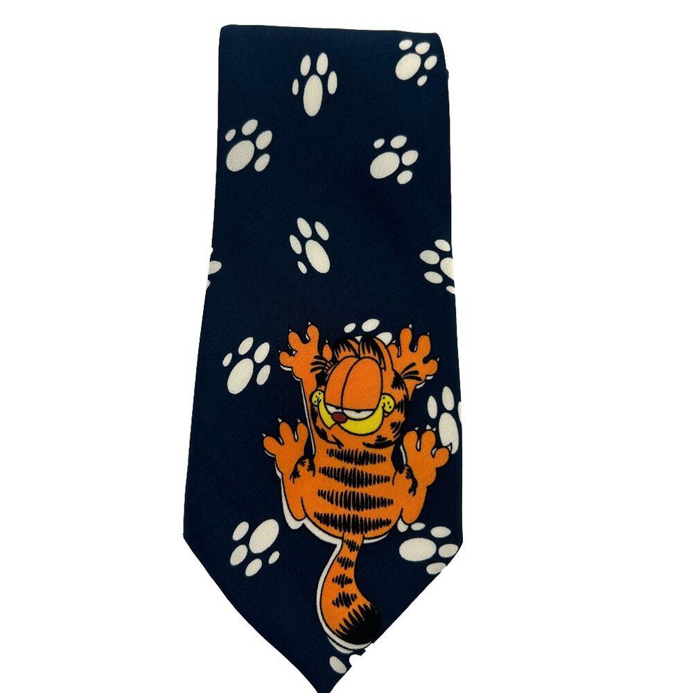 Gold Stan Garfield Silk Tie Necktie Cat Paw Prints Navy Blue Orange
